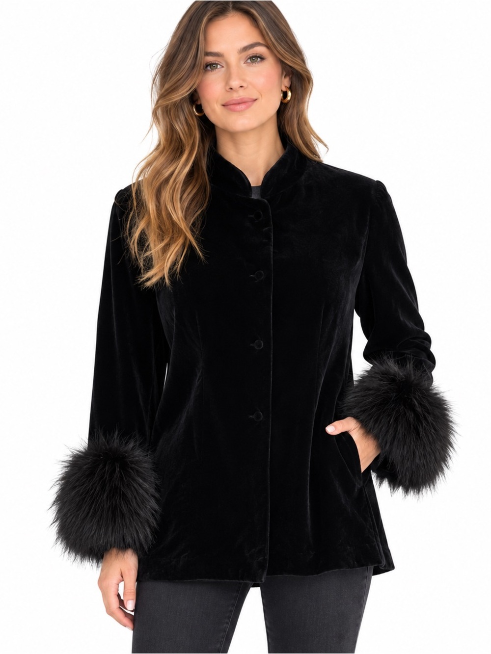 Vintage Black Velvet Jacket Faux Fur Cuffs Womens M Glam Evening Coat Holiday
